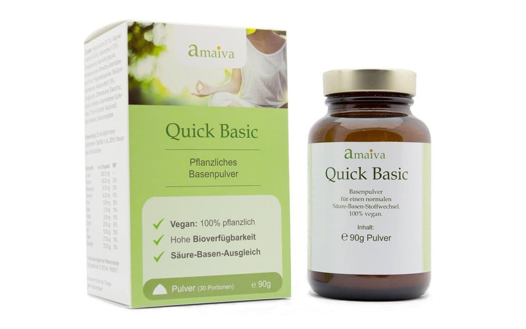Quick Basic Basenpulver im Braunglas neben Verpackung