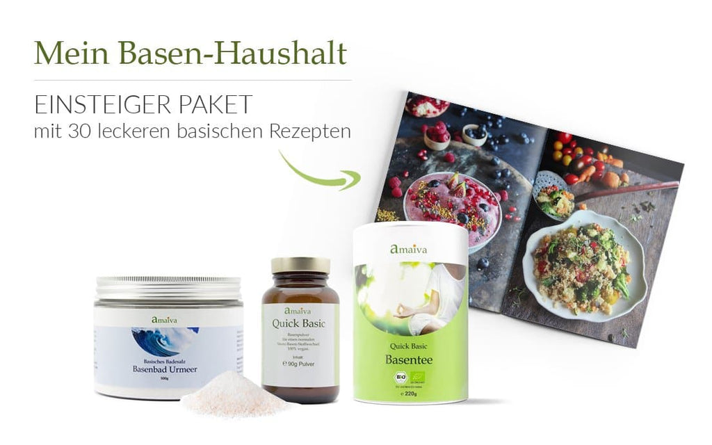 Bein Basen Haushalt Einsteiger Paket mit 30 leckeren Basischen Rezepten, einer Dose Basenbad Urmeer 600g, einem Glas Quick Basic Basenpulver 90g, eine Dose Basentee 90g
