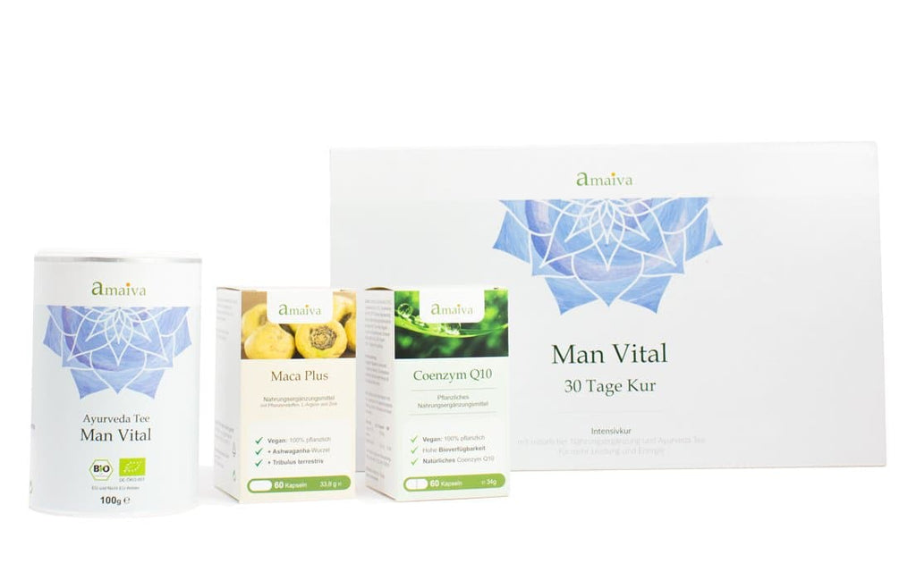 Man Vital Paket mit Man Vital Tee, Maca Plus Kapseln, Coenzym Q10 Kapseln. 30 Tage Kur