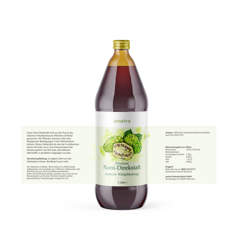 1 Liter Flasche Noni-Direktsaft mit Inhaltsangabe. Siehe Produktseite