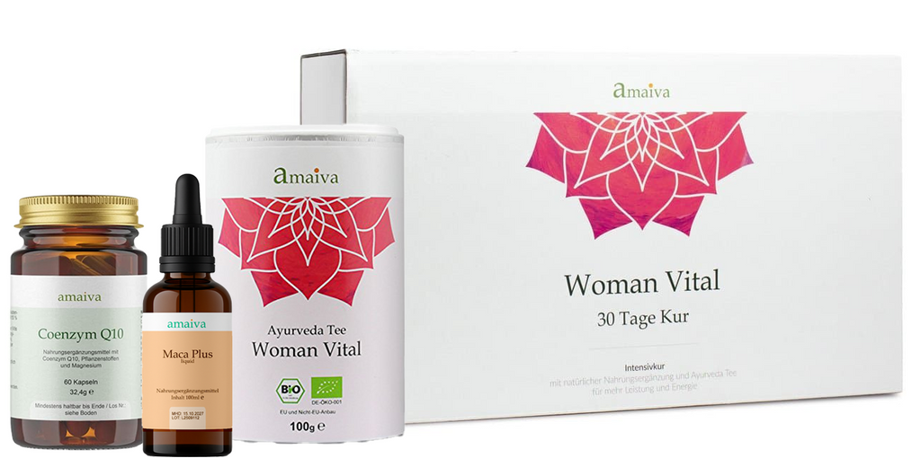 Woman Vital Paket mit Coenzym Q10, Maca Plus Liquid und 100g Woman Vital Tee