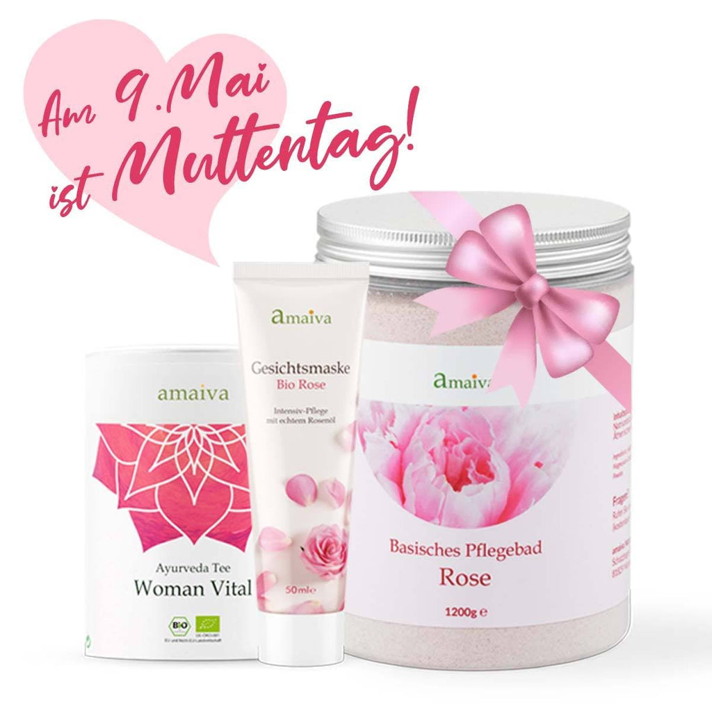 Danke Mama Wellness Set mit Ayurveda Tee Woman Vital, Rosen Gesichtsmaske und Basisches Pflegebad Rose